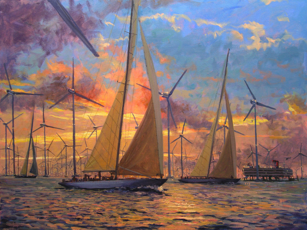 Painting of Sailboats in Nantucket Sound by Lou Guarnaccia with turbines added
